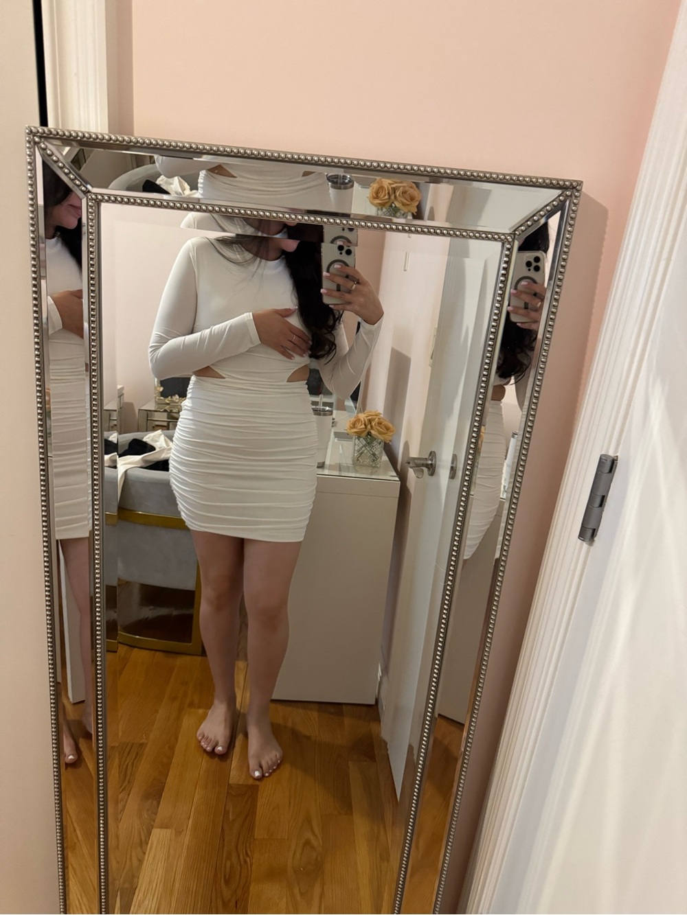 Tiger Mist White Long Sleeve Cutout Ruched Mini Dress